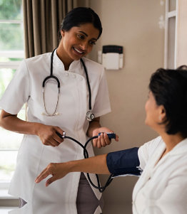 a nurse taking blood pressure of her patient